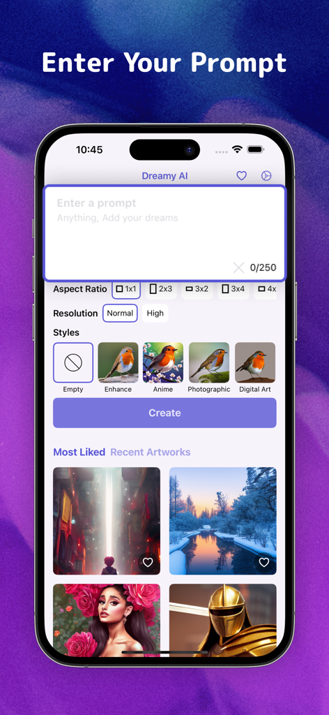 Interface of the Dreamy AI Art Generator app showing the text prompt field and art style choices.