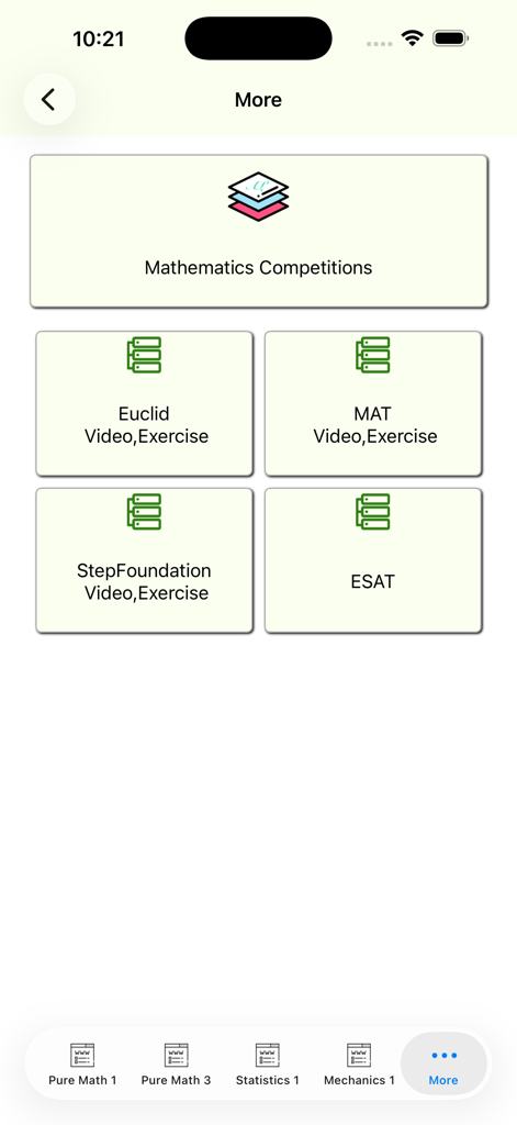 AlevelMath - Interfaz de la aplicación AlevelMath que muestra la preparación para concursos de matemáticas Euclid y MAT.