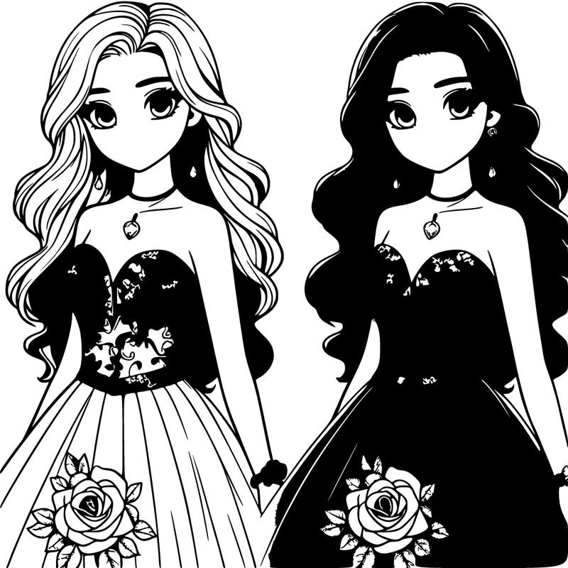 a girl with long hair in a beautiful prom dress with a rose design and hanging earrings and a diamond necklace in a realistic style, full body view, looks about 16