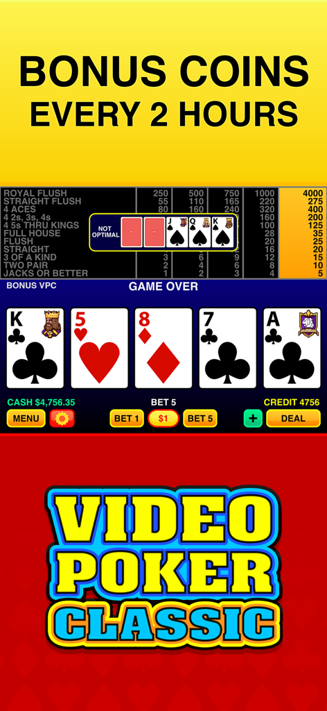 ボーナスコインのバナーとスキル・トレーナーを備えたVideo Poker Classicモバイルゲームのインターフェース