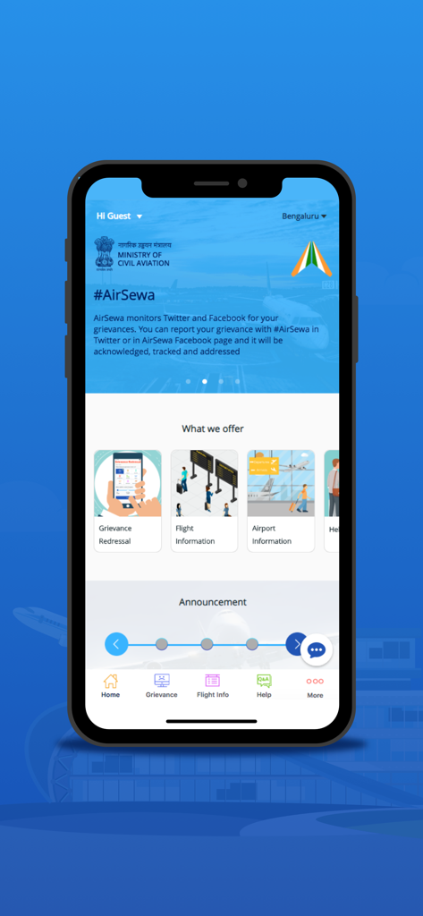AirSewa - The home screen of the AirSewa app showing options for grievance redressal flight information and airport services.