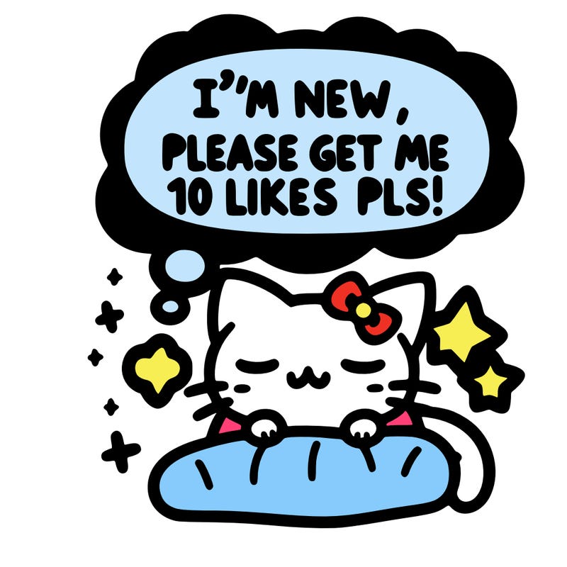 kitty taking a nap dream talking and saying "i'm new, please get me at least 10 likes pls!!"
