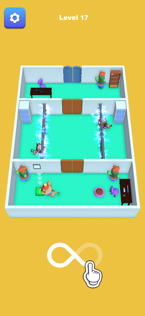 Cat Games - Animal Games - A cat navigating a room with electric barriers in a puzzle game level