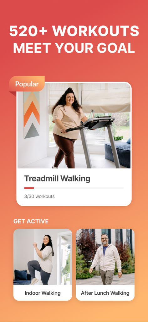 Walking Weight Loss | WalkFit - Interface do aplicativo WalkFit mostrando várias opções de treino de caminhada, incluindo sessões em esteira e indoor.