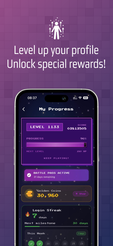Arena - Meet Gamers - Interfaccia dell'app Arena che mostra livelli del profilo giocatore, ricompense e streak di login
