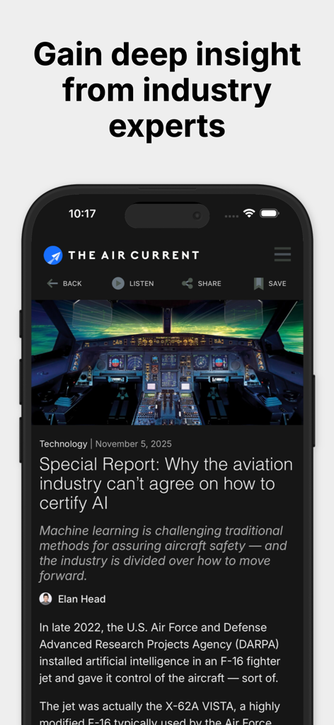 The Air Current - The Air Current mobile app displaying an aviation industry news article about AI certification