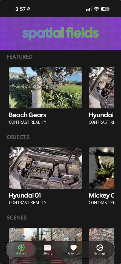 spatial fields app interface showing a gallery of 3d gaussian splat captures like objects and scenes