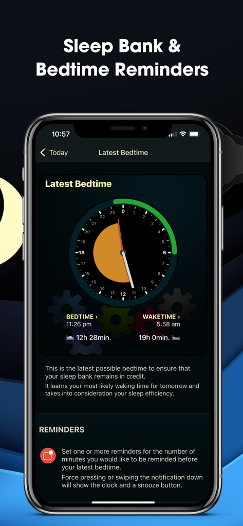 AutoSleep: Watch Sleep Tracker - Écran d'iPhone montrant l'interface de la banque de sommeil et du rappel d'heure de coucher de l'application AutoSleep
