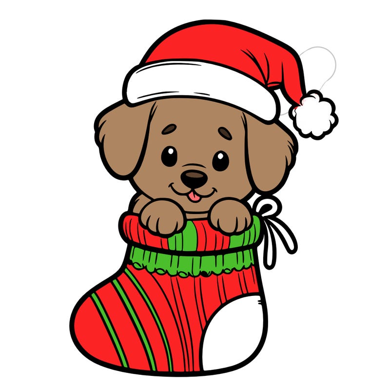 cute puppy wearing santa hat in socking