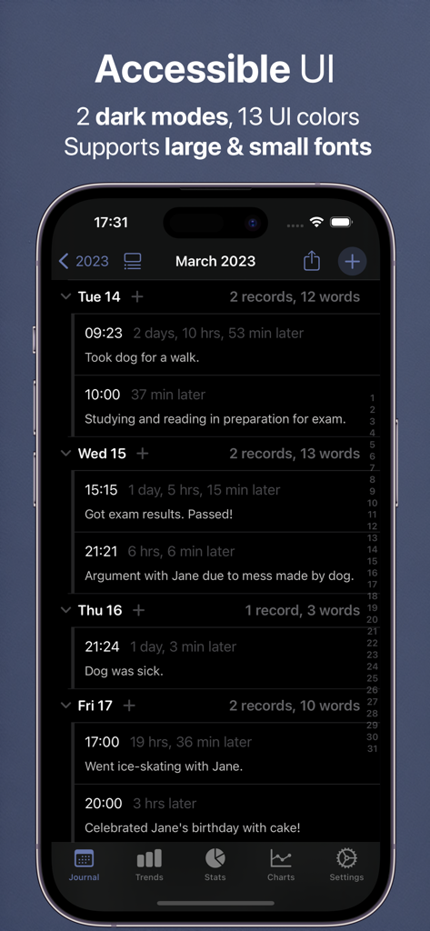 Interface of Feeltracker app showing a chronological list of journal entries in dark mode