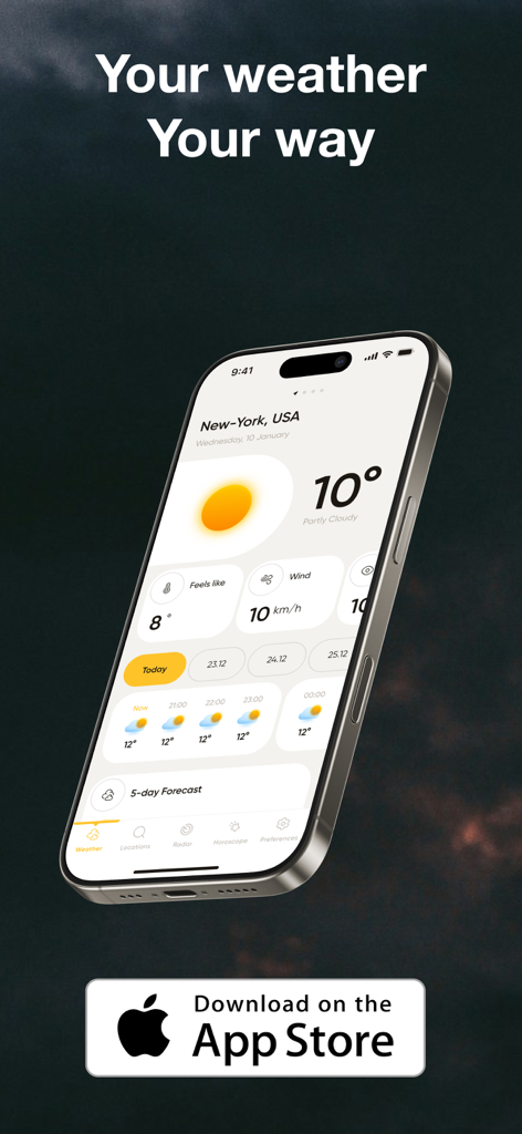 NOAA Weather Radar Forecast - NOAA天気予報レーダーアプリのインターフェースを表示するスマートフォンスクリーンで、現在の天気と毎日の星占い機能を表示
