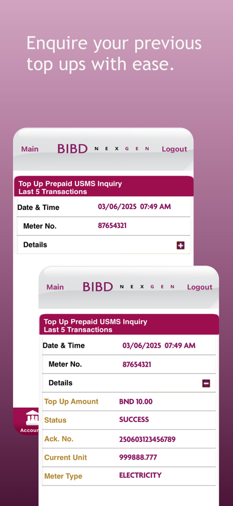 Captura de tela do aplicativo BIBD Mobile mostrando um histórico de transações de recarga de eletricidade pré-paga bem-sucedida, incluindo o número do medidor e o valor em Dólares de Brunei.