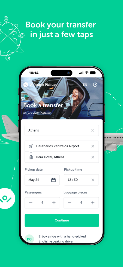 Pantalla de reserva de la aplicación Welcome Pickups para un traslado al aeropuerto en Atenas.