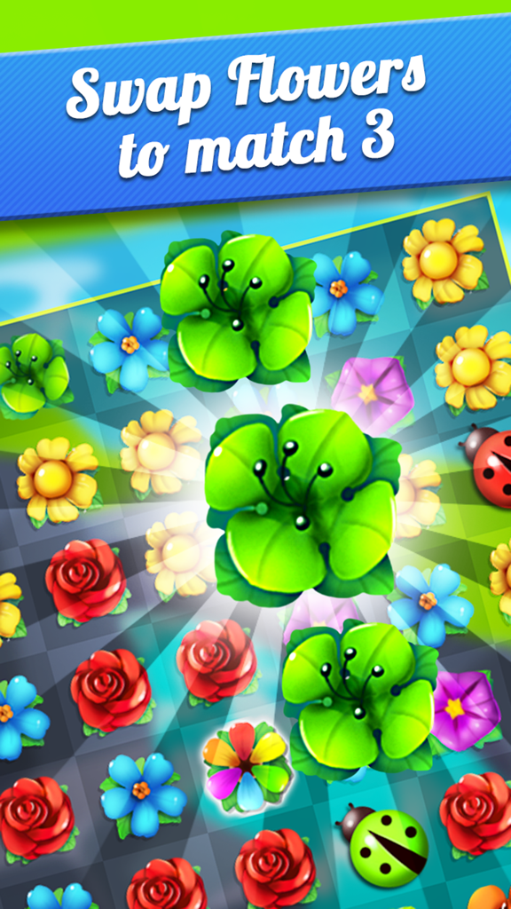Flower Crush - Match 3 & Blast Garden to Bloom! - Colorful flower garden match 3 puzzle game board with swap flowers instruction