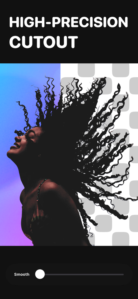 Erase Objects: Blemish Remover - High-precision background removal feature showing a woman with curly hair being cutout