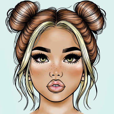 realistic girl with two buns on her hair and lips