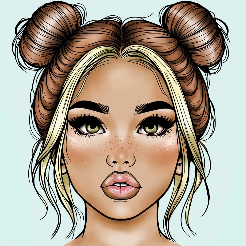 realistic girl with two buns on her hair and lips