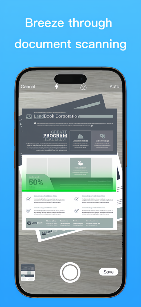 Smart Printer - Print & Scan - iPhone interface showing a business document being scanned with the Smart Printer app