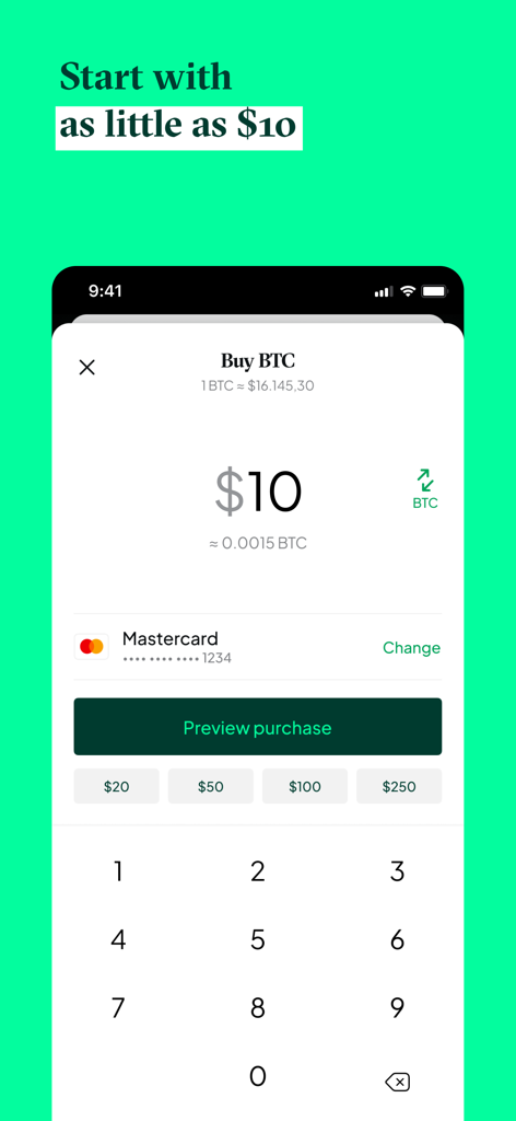 Bitstamp by Robinhood: Buy BTC - Bitstamp by Robinhood app interface for buying ten dollars of Bitcoin