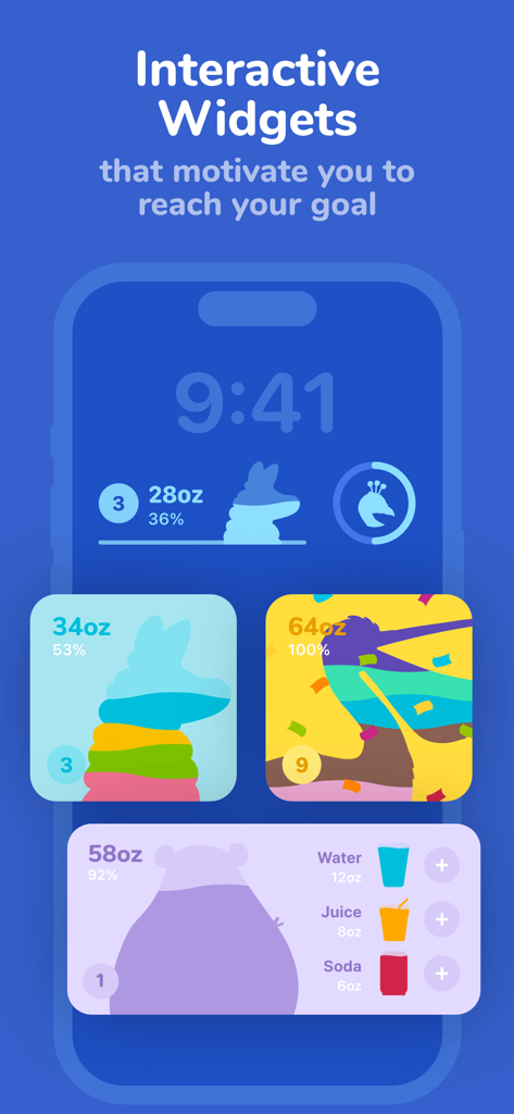 Water tracker Waterllama - Widget interattivi dell'app Waterllama per tracciare l'idratazione giornaliera con personaggi colorati su una schermata Home e di blocco dell'iPhone