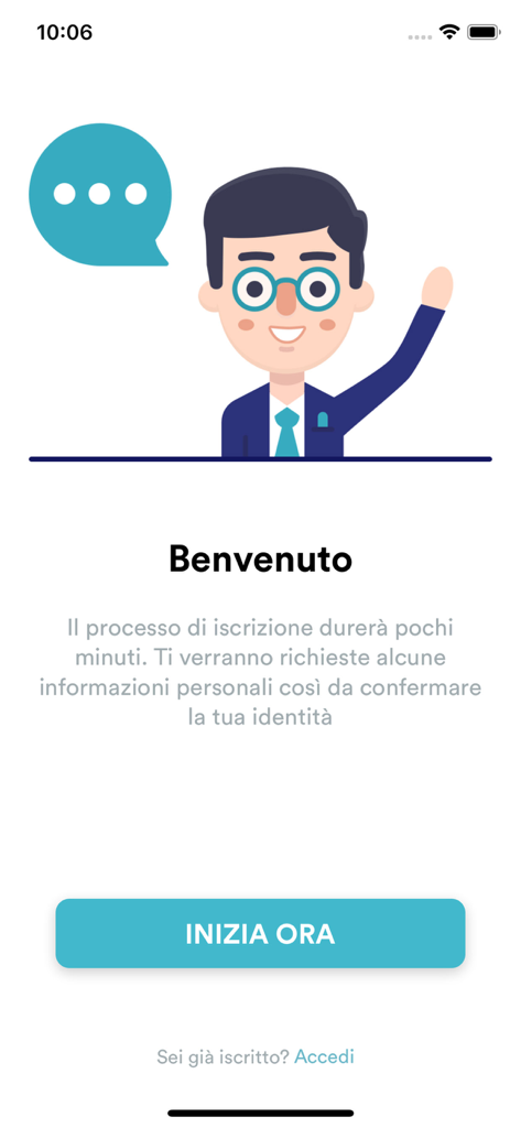 Esperto in Chat - Clienti - Pantalla de bienvenida de la aplicación Esperto in Chat con una ilustración amigable de un experto y un botón de inicio.