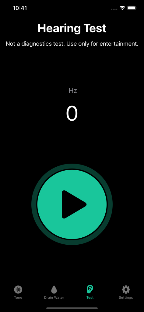 Schermata del test dell'udito nell'app Generatore di Toni che mostra una frequenza di zero hertz e un grande pulsante di riproduzione