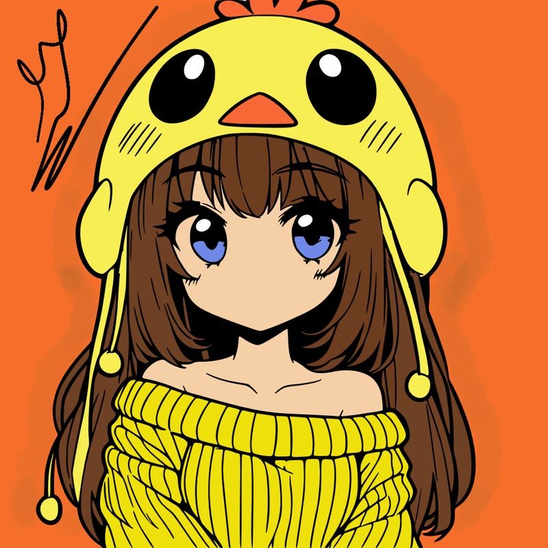 anime girl with chick shaped hat with sweater with bare shoulders with bangs covering them one eye with low tail