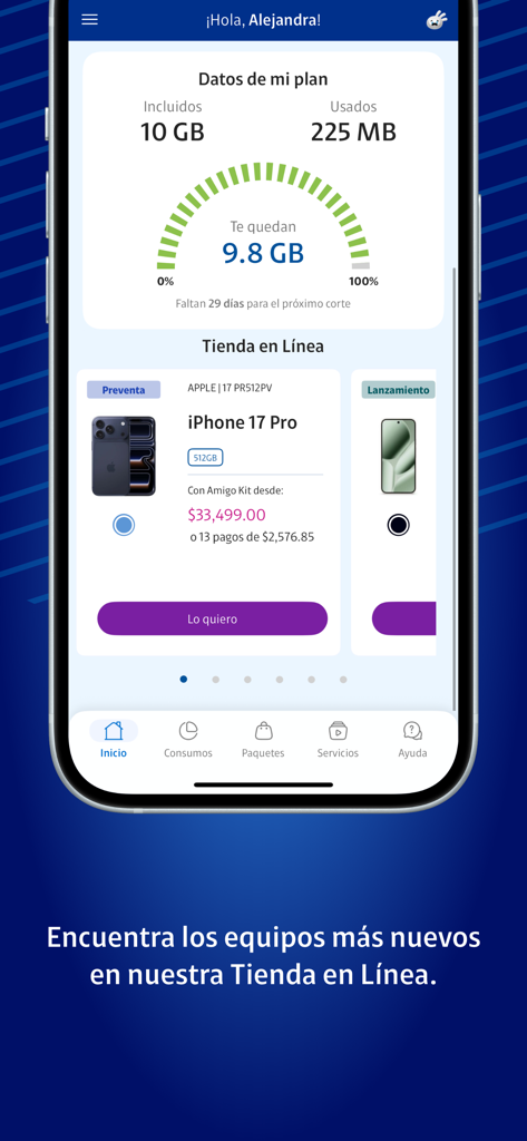 Captura de pantalla de la app Mi Telcel mostrando el uso del plan de datos móviles y la tienda en línea