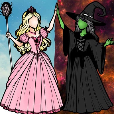 detailed realistic split of a princess and a witch