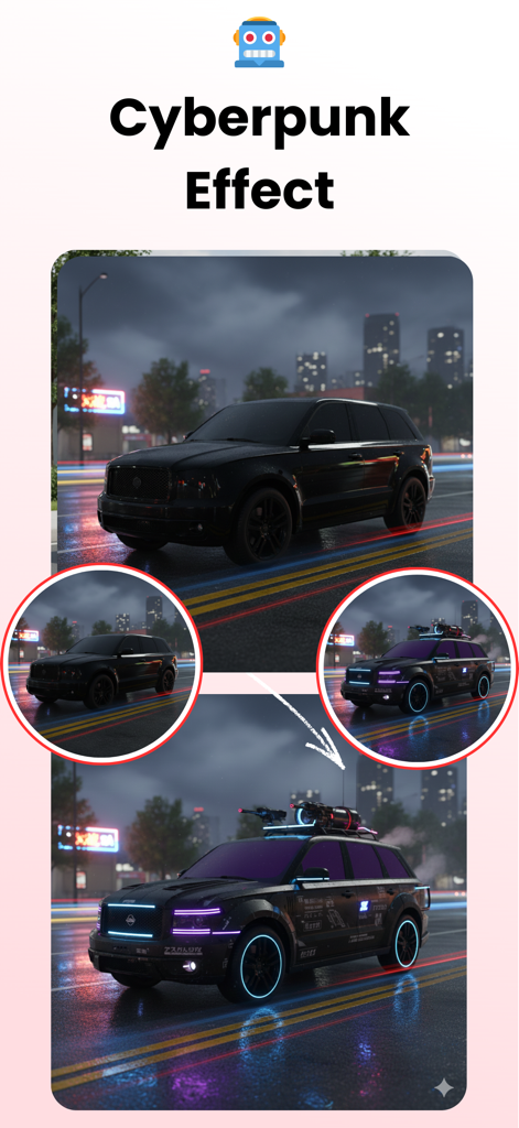 AI Car Design: Custom Maker - KI-Auto-Design-App, die einen schwarzen SUV mit einer Cyberpunk-Neon-Transformation zeigt