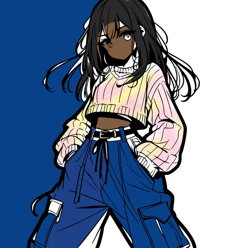 anime teen girl with baggy pants and crop top with sweater