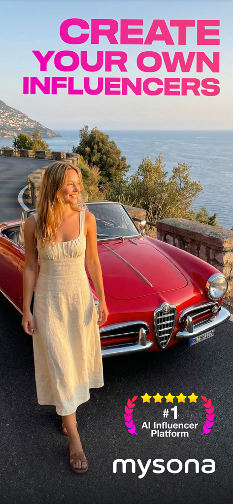 Mysona: AI Influencer Creator - AI-generated female influencer standing next to a vintage red convertible on a coastal road