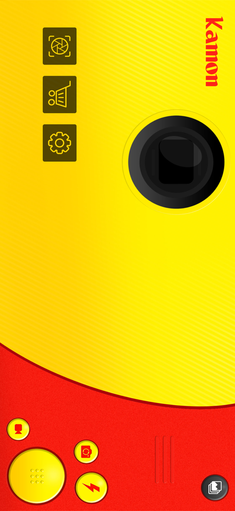 Kamon vintage film camera app interface with yellow and red disposable camera design
