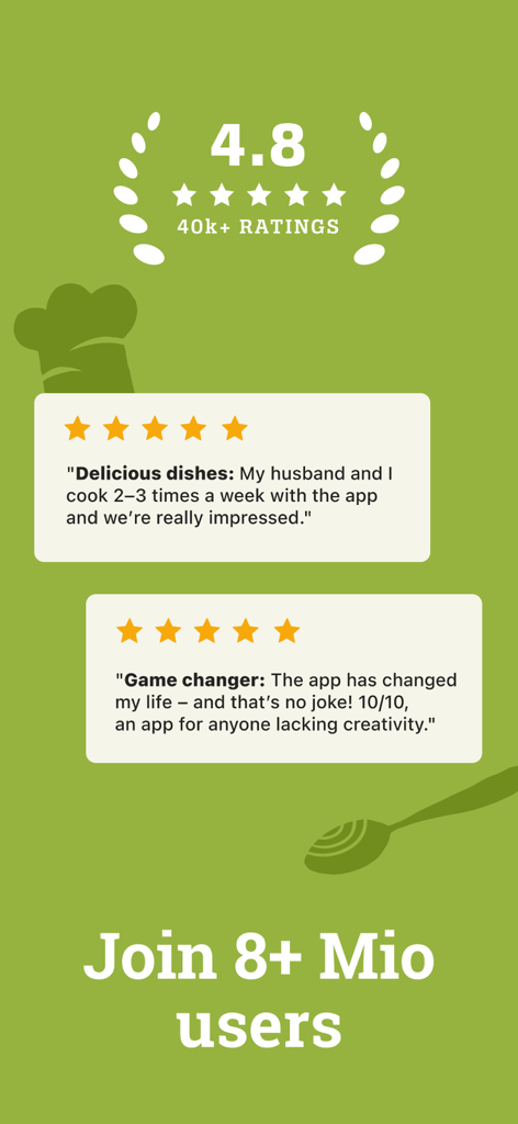 KptnCook Recipes & Cooking - KptnCook app 4.8 star rating and positive user reviews showing over 8 million users