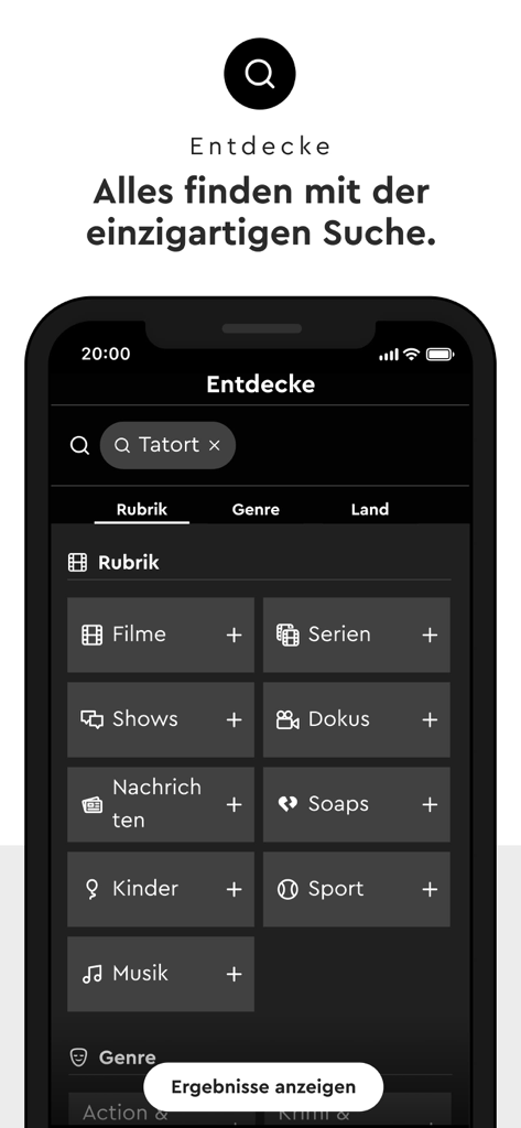 HD+ - Die Suchoberfläche der HD+-App zeigt Inhaltskategorien wie Filme, Serien und Sport auf Deutsch an.