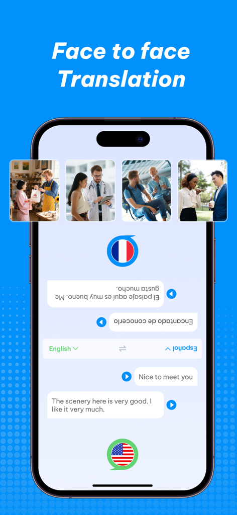 Interfaz de AI Translator Pro que muestra un modo de conversación bilingüe cara a cara en un teléfono inteligente