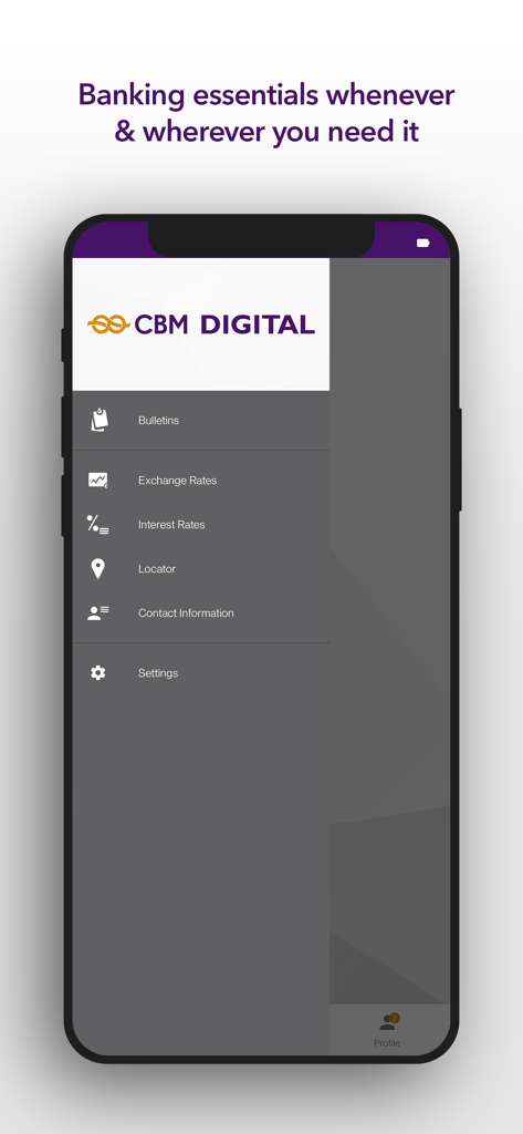 CBM Digital mobile app main menu with options for exchange rates interest rates and bank locator