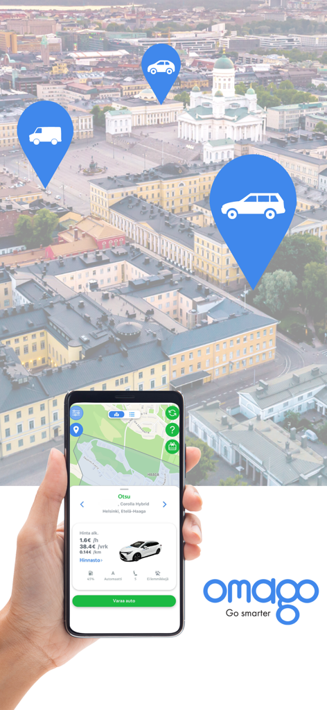 Omago Car Sharing & Rental - A hand holding a smartphone displaying the Omago car sharing app map interface against a city background