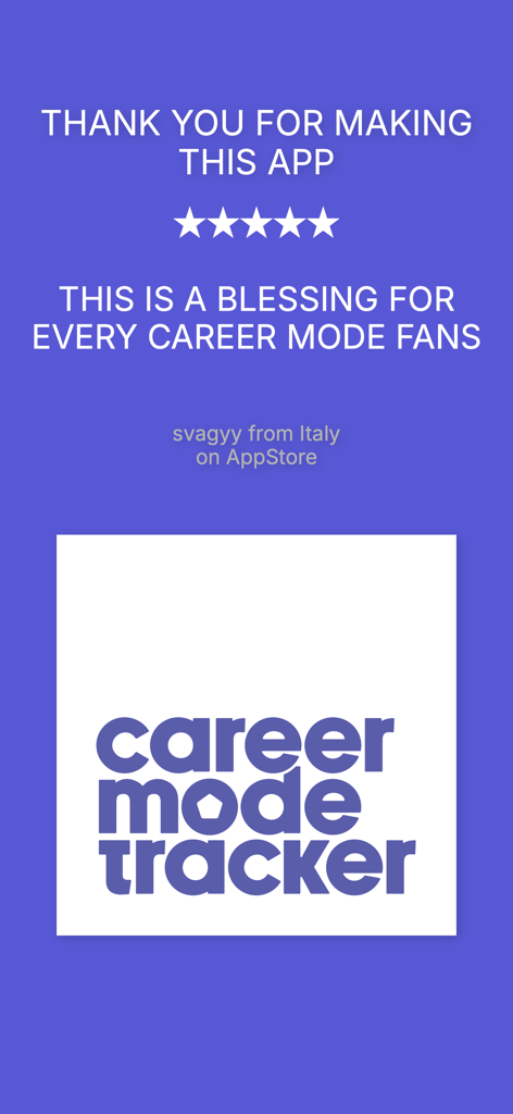 A five star App Store user review for Career Mode Tracker stating it is a blessing for fans