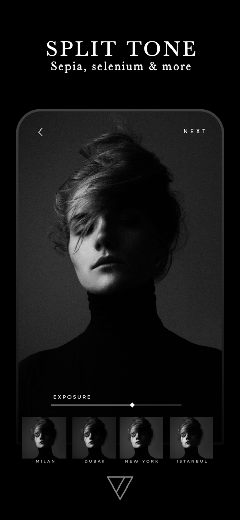 Carbon app interface showing split tone controls and black and white filters on a portrait.