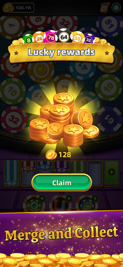 Chip Chip Boom - Lucky rewards screen in Chip Chip Boom showing a pile of gold coins and a claim button