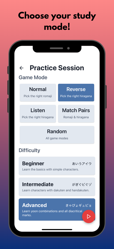 KanaDojo: Hiragana & Katakana - KanaDojo app practice session screen showing game modes and difficulty levels