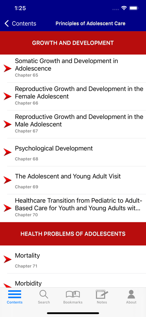 Rudolph's Pediatrics, 23/E - Table of contents showing adolescent growth and development chapters in the Rudolph's Pediatrics app.