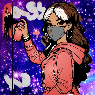 realistic girl with mask spray painting a wall