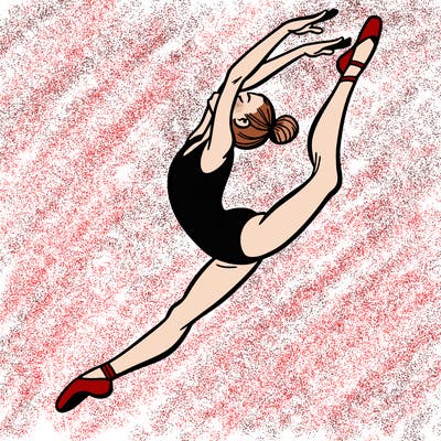 gymnast doing a leap in a leotard with a bent back leg