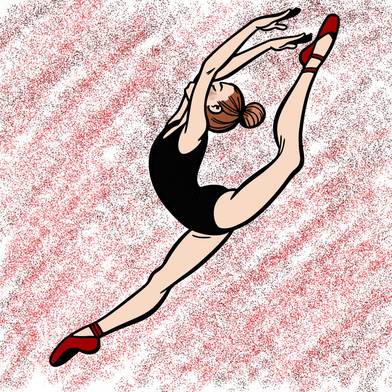 gymnast doing a leap in a leotard with a bent back leg