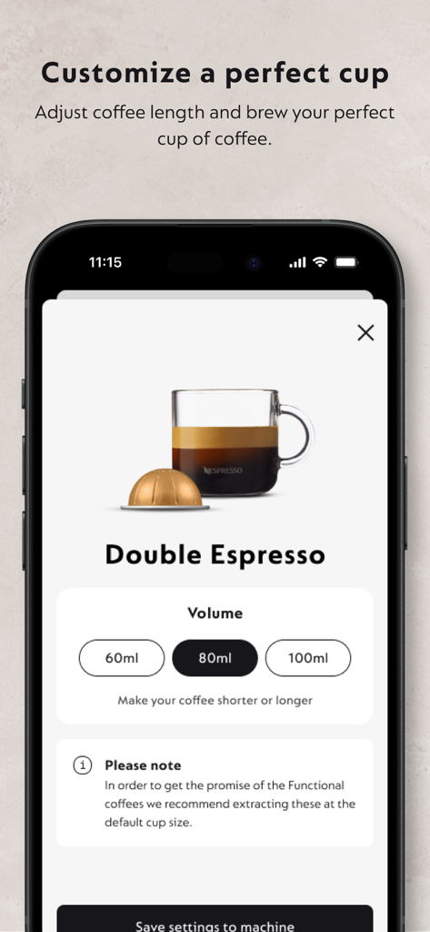 더블 에스프레소의 추출량 맞춤 설정 옵션을 보여주는 Nespresso Smart 앱 화면