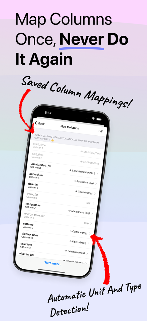 Health CSV Importer app screen showing automatic column mapping and unit detection for importing nutrition and health data