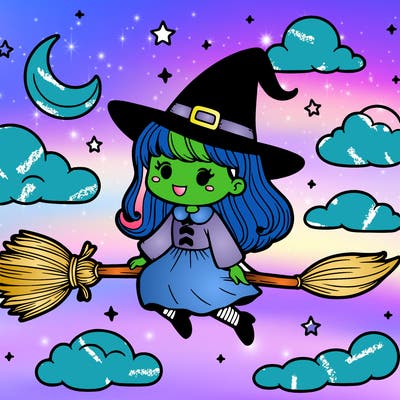 which which that is flying on her broomstick in the sky