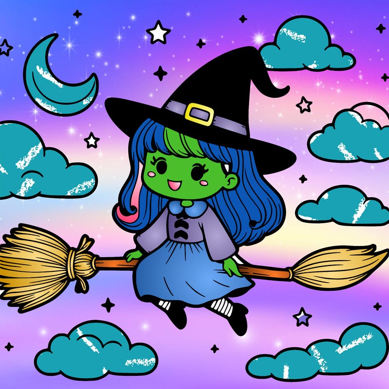 which which that is flying on her broomstick in the sky